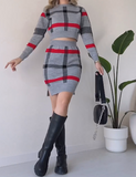 Long Sleeve Half Skirt Plaid Two Piece Set