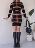 Long Sleeve Half Skirt Plaid Two Piece Set