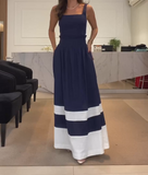 Dark Blue Halter White Striped Elegant Long Dress