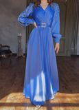 Solid Color Bright Design Silk Long Dress