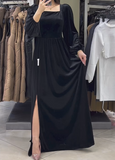 Black Square Neck Velvet Slit Dress