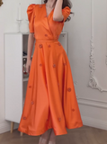 Orange Silk Elegant V-Neck Dress