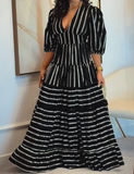 Black and White Striped Loose Long Dress