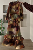 Brown Tie-Dye Printed Pleated Long Dress