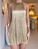 Gold Backless Mesh Fringe Dress