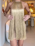 Gold Backless Mesh Fringe Dress