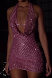 Pink Sparkly Backless Short Dress