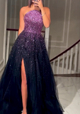 Powder Blue Patchwork Slit Sparkly Gown Dress