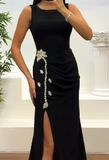 Silver Star Embellished Black Slit Maxi Dress