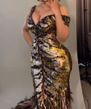 Gold Shiny V-Neck Gown Dress