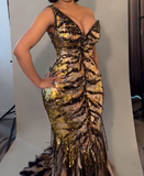 Gold Shiny V-Neck Gown Dress