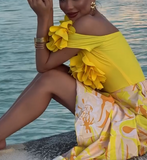 Vibrant Yellow Printed Slit Seaside Dress