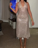 Silver Sparkling Backless V-Neck Dress