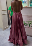 Pink Halter Pleated Backless Dress