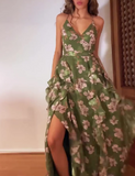 Green Floral Halter Slit Dress