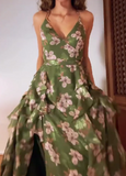 Green Floral Halter Slit Dress