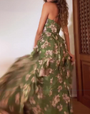 Green Floral Halter Slit Dress