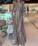 Purple And Gold Printed Elegant Slim Long Dress