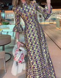 Purple And Gold Printed Elegant Slim Long Dress