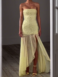 Shimmery Yellow Strapless Slit Dress