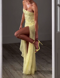 Shimmery Yellow Strapless Slit Dress