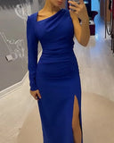 One shoulder slit solid color dress