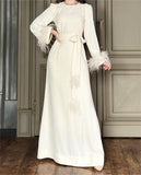 White Woolen Sleeve Belted Long Dress