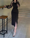 Pure Black Gauze Sleeve Elegant Slit Dress