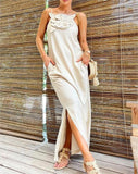 White Cotton Halter Slit Long Dress