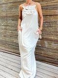 White Cotton Halter Slit Long Dress