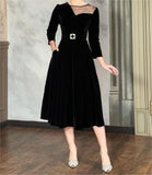 Black Velvet Design Midi Dress