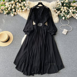 Vintage V-neck Puff Sleeve Nail Drill Dress