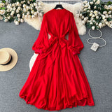 Vintage V-neck Puff Sleeve Nail Drill Dress