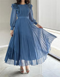 Blue Chiffon Pleated Long-Sleeve Dress