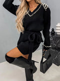 Pearl-decorated Knitted V Neck Lace Up Dress