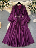 Vintage V-neck Puff Sleeve Nail Drill Dress