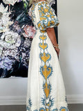 Puff Sleeve Printed Patchwork Midi Dress