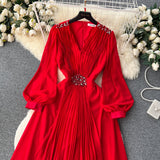 Vintage V-neck Puff Sleeve Nail Drill Dress