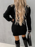 Pearl-decorated Knitted V Neck Lace Up Dress