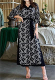 Vintage Black Leaf Print Midi Dress