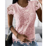 Women's Lace Short Sleeve Elegant Vintage Fashion Round Neck Shirt