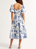 Puff Sleeve Square Collar Printed Midi Dress