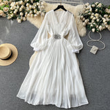 Vintage V-neck Puff Sleeve Nail Drill Dress