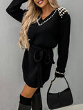 Pearl-decorated Knitted V Neck Lace Up Dress