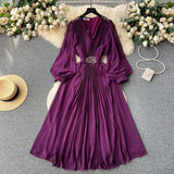 Vintage V-neck Puff Sleeve Nail Drill Dress