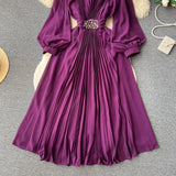 Vintage V-neck Puff Sleeve Nail Drill Dress