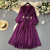 Vintage V-neck Puff Sleeve Nail Drill Dress