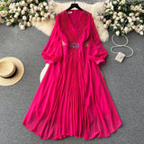 Vintage V-neck Puff Sleeve Nail Drill Dress