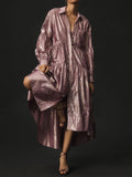 Long Sleeve V Neck Metallic High Low Dress