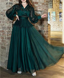 Green V-neck Pleated Chiffon Maxi Dress